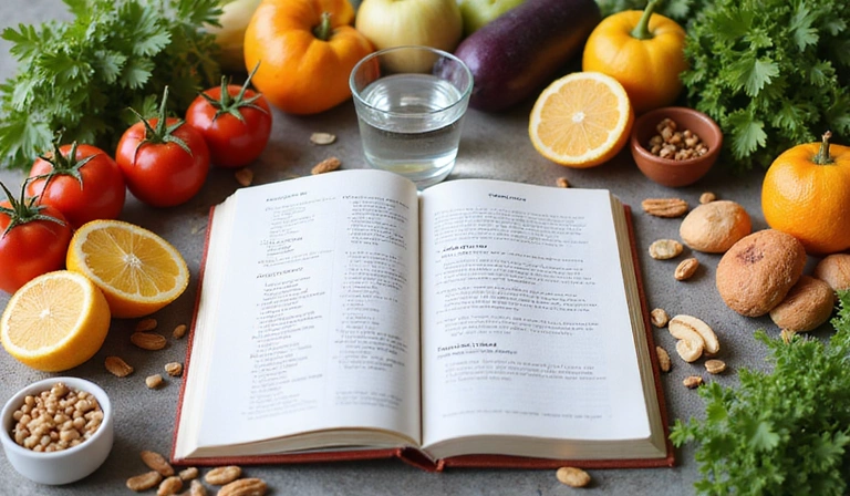 Mesa con alimentos saludables y un libro de recetas abierto.