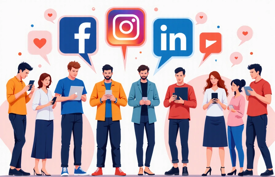Grupo de personas interactuando en redes sociales, con iconos de Facebook, Instagram, Twitter y LinkedIn flotando.