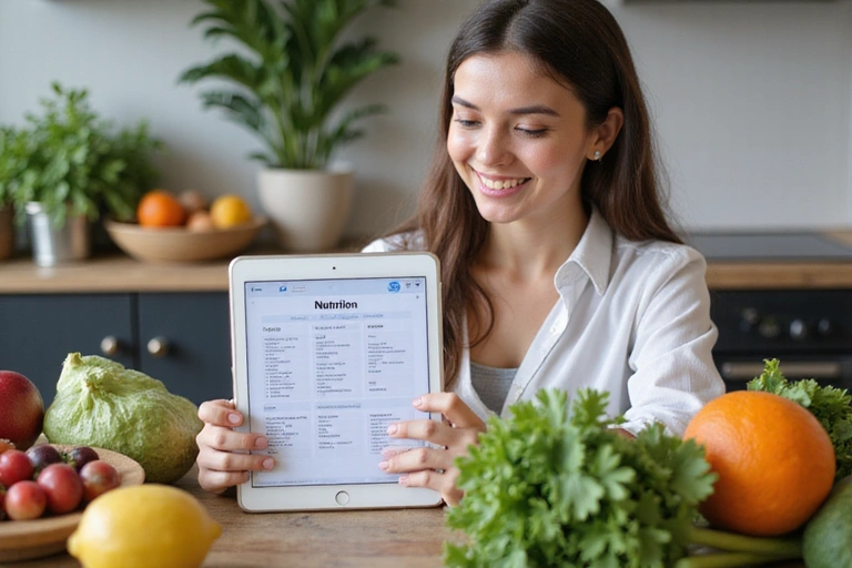 Mujer sonriendo mientras revisa un plan de nutrición en una tableta