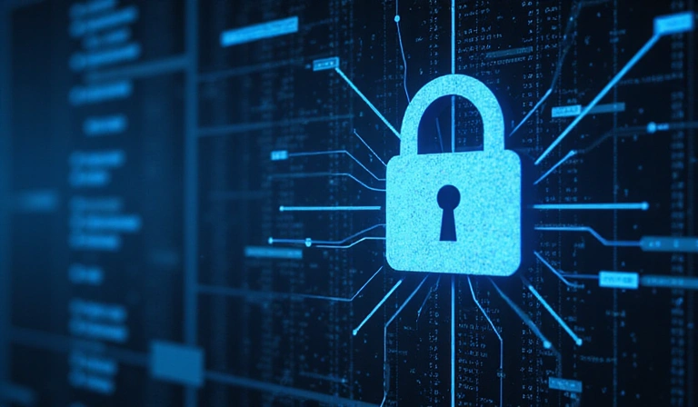 Candado digital en una red de datos, simbolizando la seguridad de la información en línea.
