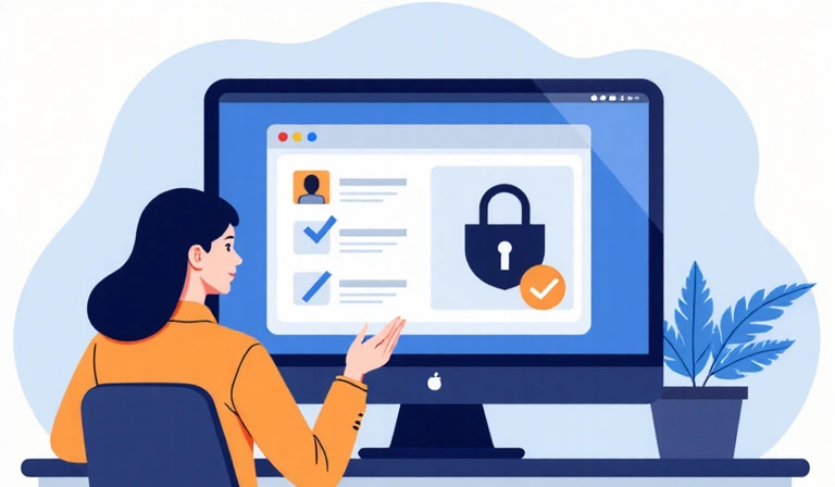 Ilustración de una persona protegiendo sus datos personales en una pantalla de computadora con un escudo.