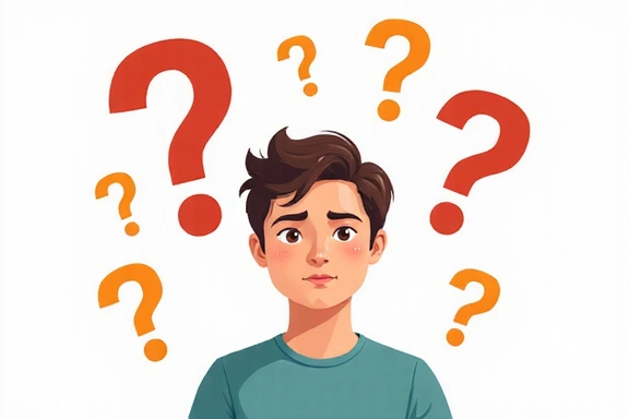 Ilustración de una persona pensando con signos de interrogación alrededor