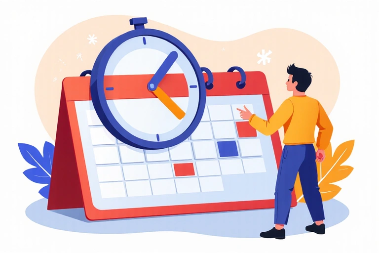Ilustración de una persona con un calendario gigante y un reloj