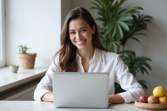 Mujer sonriendo mientras usa una laptop para una consulta online