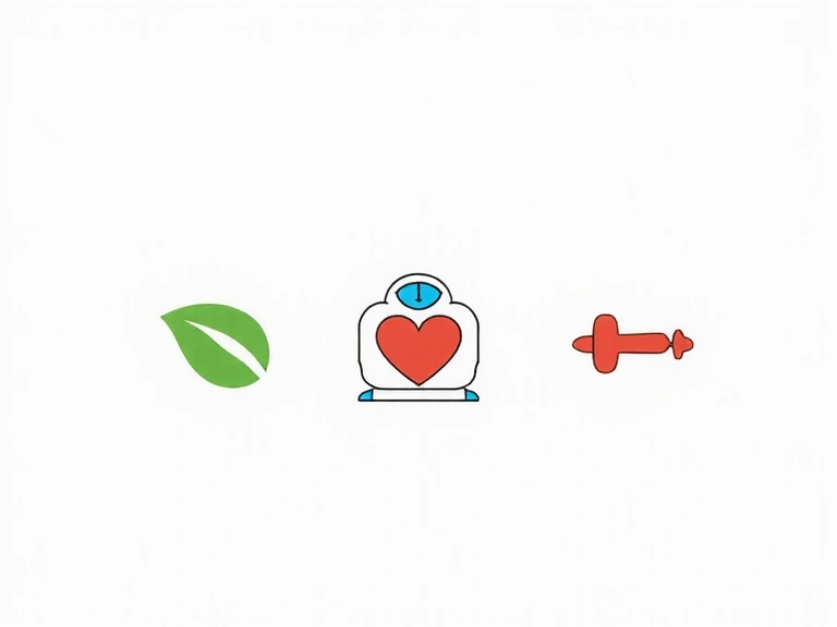 Iconos abstractos de salud y bienestar, incluyendo un corazón, una balanza, una hoja y una mancuerna