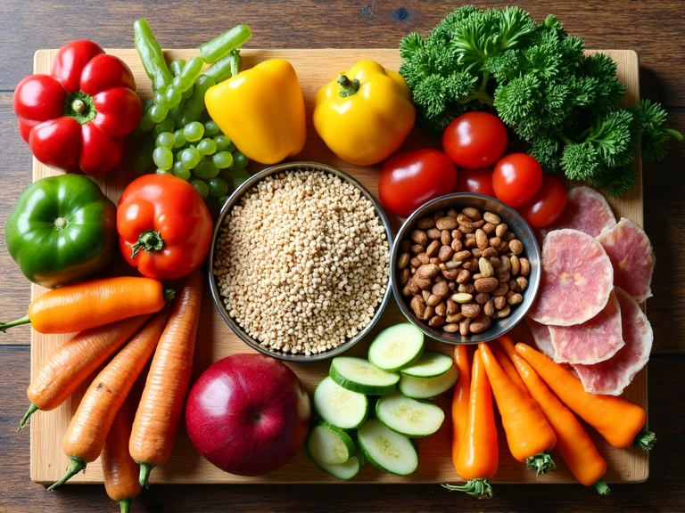 Variedad de alimentos saludables dispuestos de forma atractiva en una mesa