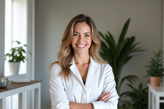 Nutricionista sonriendo amablemente en su consultorio