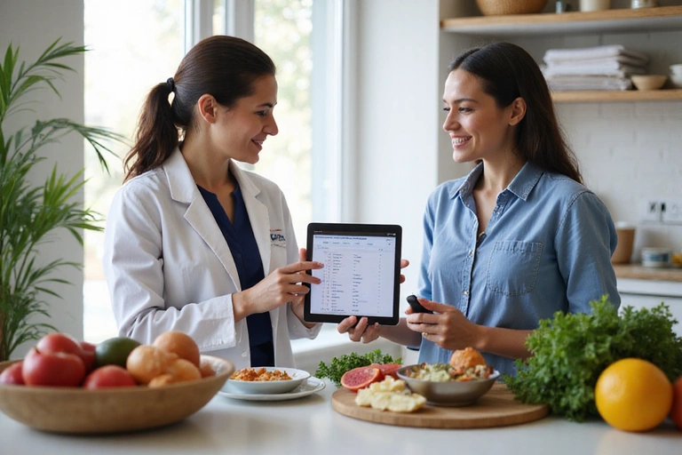 Nutricionista explicando un plan de alimentación a un cliente en una tableta.